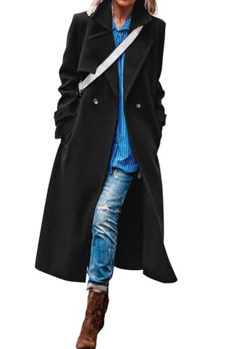 womens Black coats Women's Notch Lapel Single Breasted Maxi-Long Coat | Amazon (US)