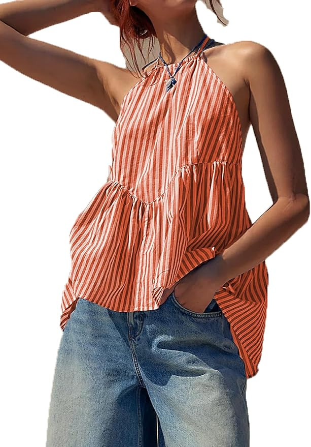NUFIWI Sexy Stripe Peplum Halter Top Sleeveless Open Back Striped Camisole Tie Neck Ruffled A Lin... | Amazon (US)