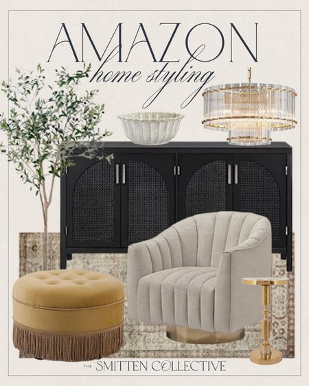 Amazon home and living room decor styling!

arch black rattan console sideboard, swivel accent chair, fringe ottoman, rug, side table, crystal chandelier, faux olive tree

#LTKhome #LTKstyletip #LTKsalealert