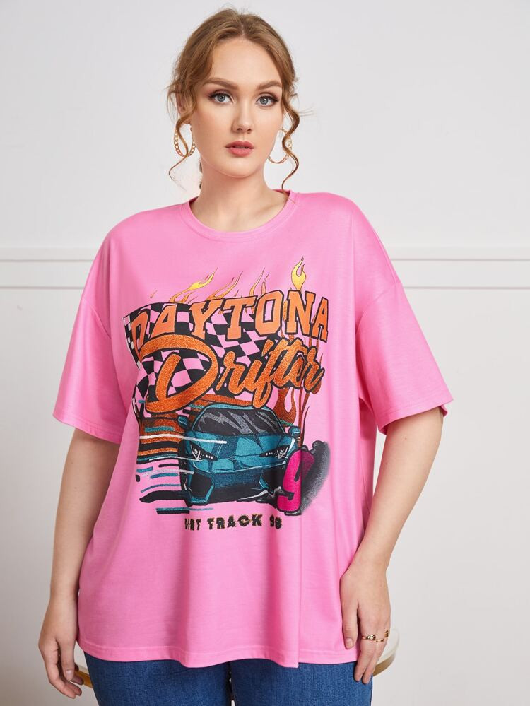 SHEIN Plus Drop Shoulder Letter and Car Print Tee | SHEIN
