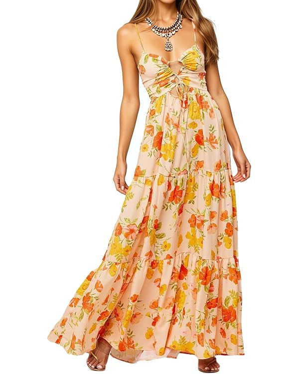 Womens Summer Floral Spaghetti Strap Backless Low Cut Smocked Flowy Maxi Dresses Beach Sundresses | Amazon (US)
