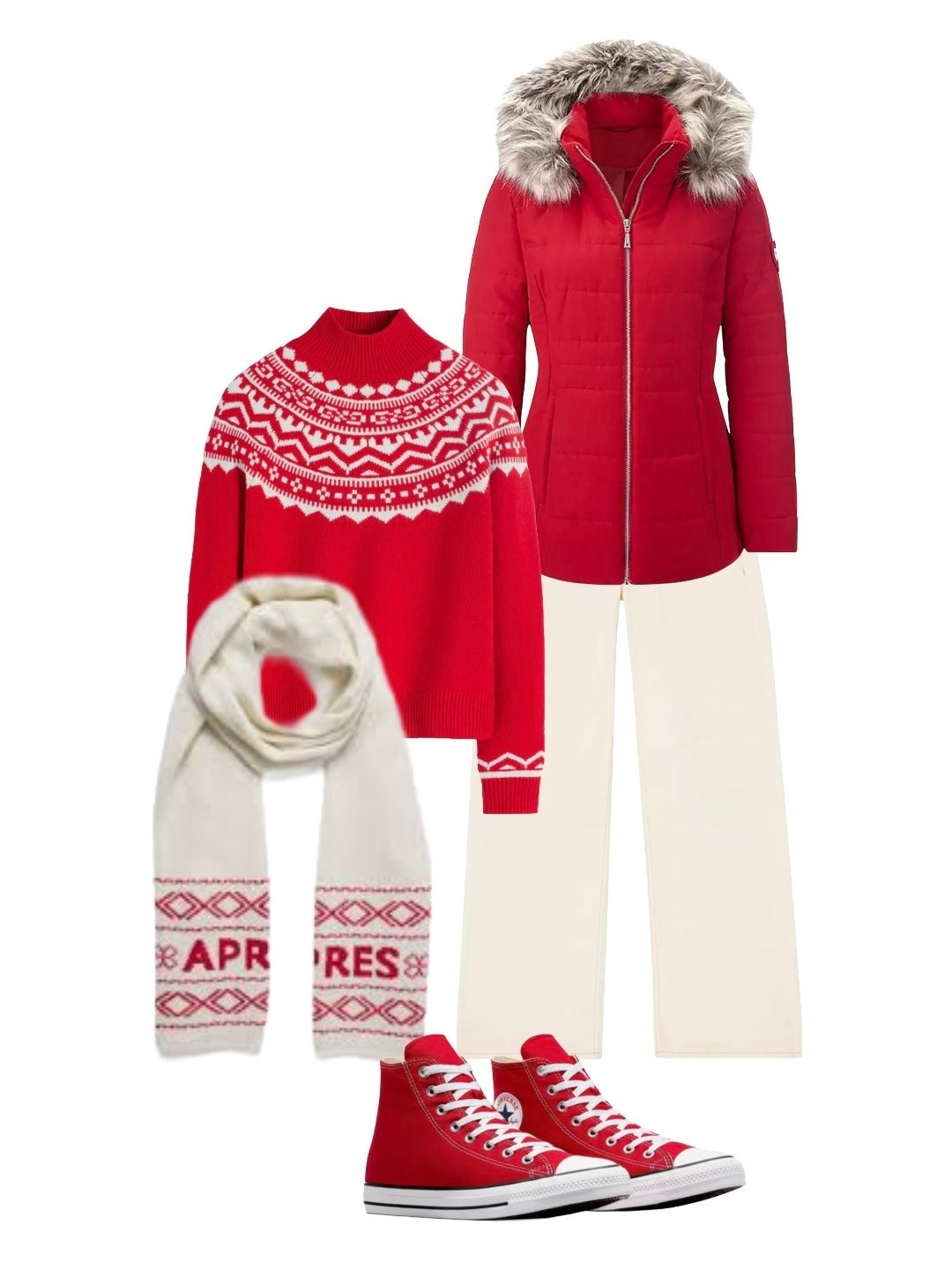 Festive cool! A red and winter white look to inject some Christmas cheer into weekend-wear 🧣 🛷 

Fair Isle Jumper - Boden

Apres Ski Scarf and Wide Leg Cream Jeans  - Mint Velvet

High top Red Sneakers - Converse 

Red Faux Fur Hooded Jacket - Witt at Kaleidoscope

#LTKfestive #LTKwinter #LTKeurope