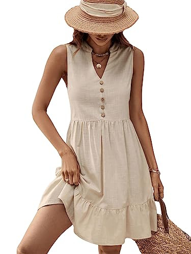 SweatyRocks Women's Notched V Neck Knee Length Tank Dress Solid Ruffle Hem Smock Dresses | Amazon (US)