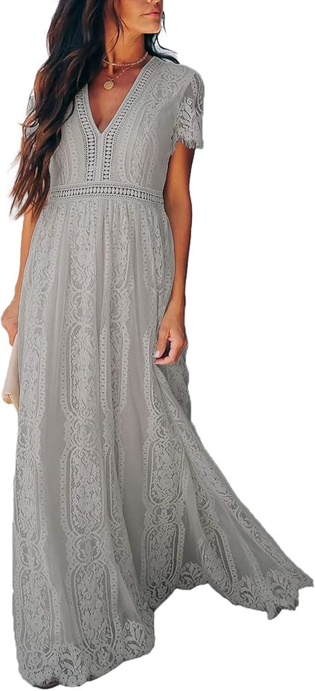 Bdcoco Women's V Neck Floral Lace Wedding Dress Short Sleeve Bridesmaid Evening Party Maxi Dress | Amazon (US)