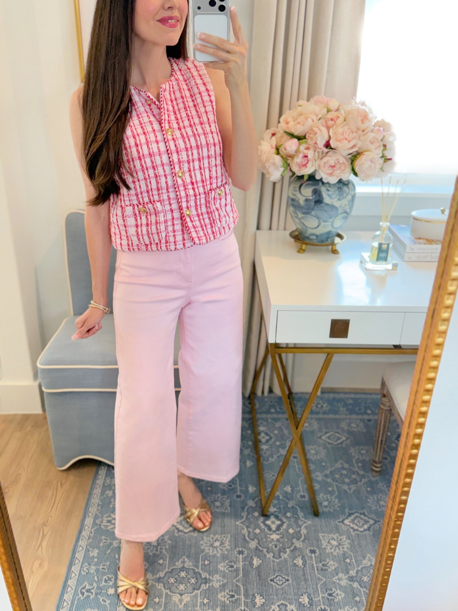 Walmart ootd - tweed vest and pink wide leg jeans 🩷😍 wearing XS in vest and 0 in jeans (fit true to size) ✨ spring outfit, spring ootd 2026, pink jeans denim pink vest rare beauty blush pink chanel lipgloss gold heels spring beauty Sephora sale #walmartstyle free assembly #walmartfashion

#LTKBeauty #LTKootd #LTKSaleAlert