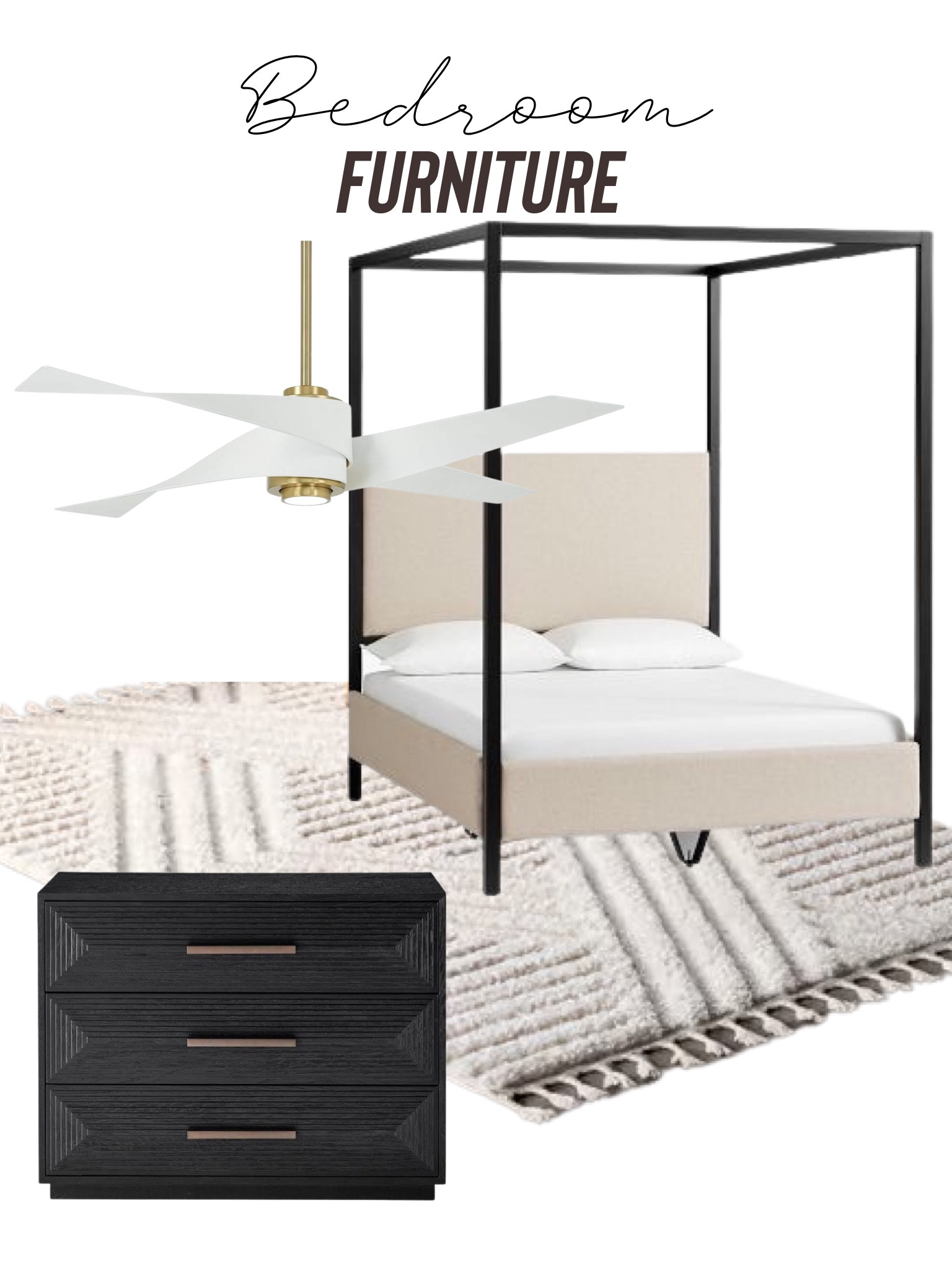 Bedroom furniture canopy bed frame neutral area rug modern furniture home decor nightstand dresser ceiling fan gold 

#LTKsalealert #LTKunder100 #LTKhome