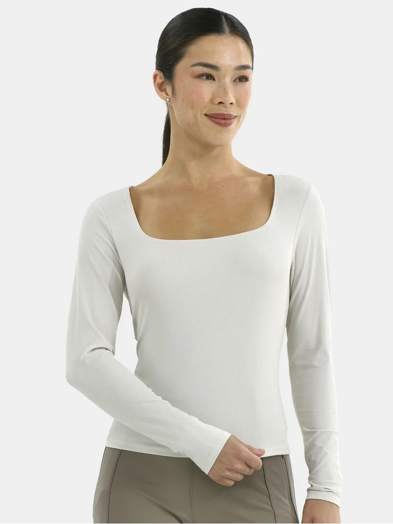 Avia Women's Square Neck Ribbed Long Sleeve Top, Sizes XS-XXXL | Walmart (US)