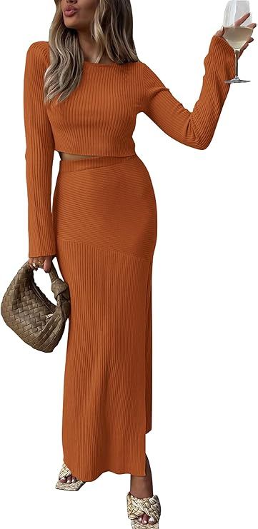 PRETTYGARDEN 2024 Fall 2 Piece Outfits For Women Rib Knit Crop Top And Slit Maxi Dress Skirt Sets... | Amazon (US)