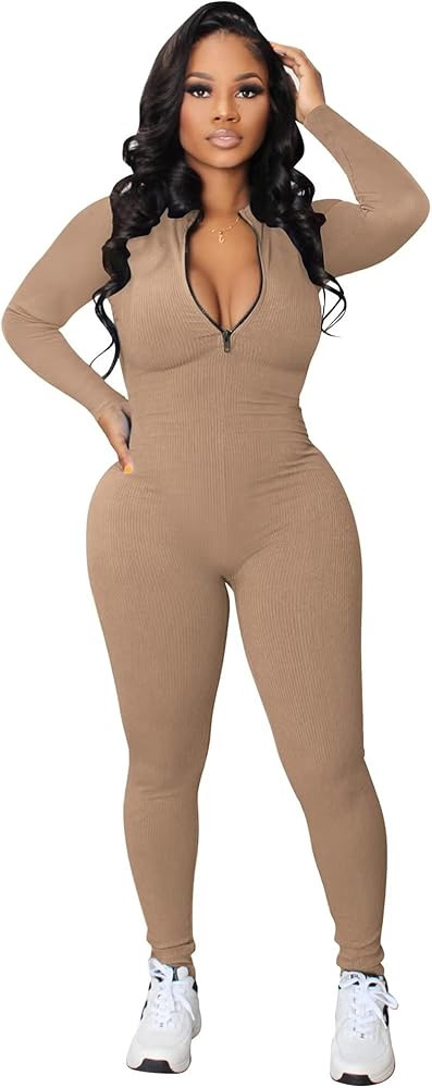 Adogirl Women's Bodycon Jumpsuits Sexy Fall Outfits Mock Neck Zipper Ottoman Rib Party Slim Fitte... | Amazon (US)