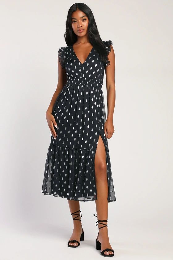 Cause to Celebrate Navy and Silver Dot Ruffled Tiered Midi Dress | Lulus (US)