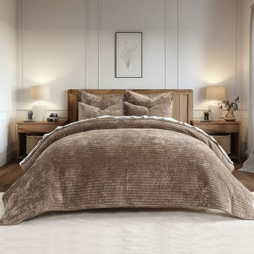 EVERGRACE Velvet Quilt Set Queen Size, Luxurious Soft Striped Channel Bedding Set, Lightweight Velvet Comforter for All Season, Oversized Bedspread Coverlet with 2 Matching Shams, Mocha Brown | Amazon (US)