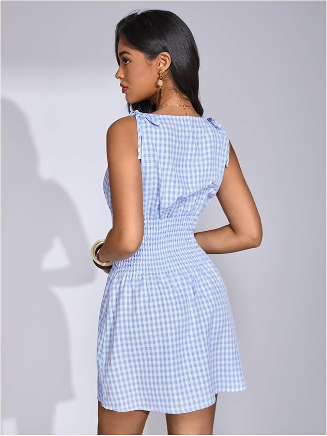 Floerns Women's Tie Shoulder A Line Gingham Dress Boat Neck Mini Checkered Elegant Dresses | Amazon (US)