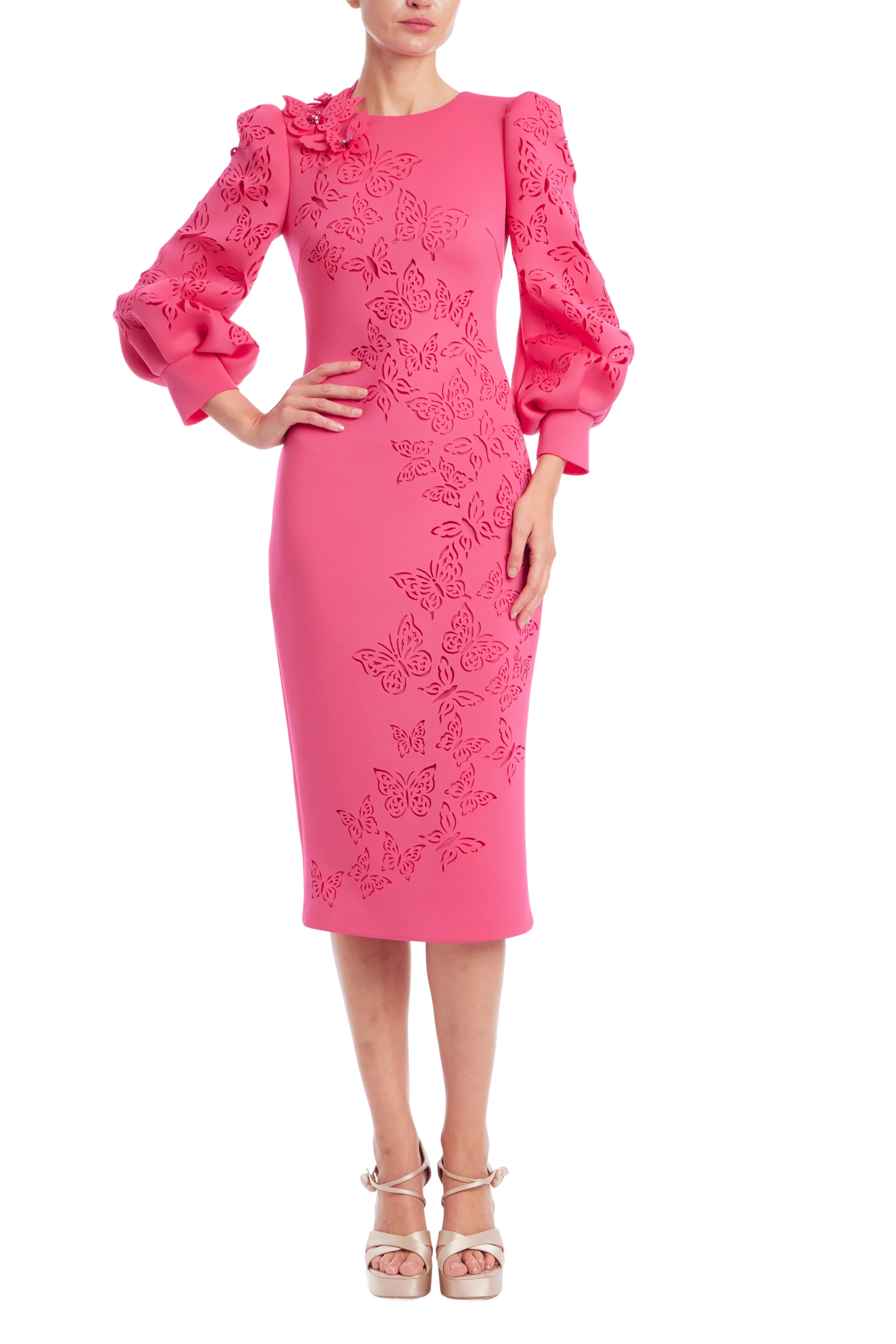 Long Sleeve Laser Cut Sheath Dress by Badgley Mischka | Badgley Mischka