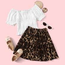 Toddler Girls Ruffle Hem Shirred Blouse & Leopard Skirt | SHEIN