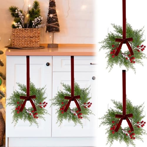 Small Christmas Wreaths for Kitchen Cabinets- 4Pcs 9 Inch Mini Wreaths for Cabinets with Berry an... | Amazon (US)