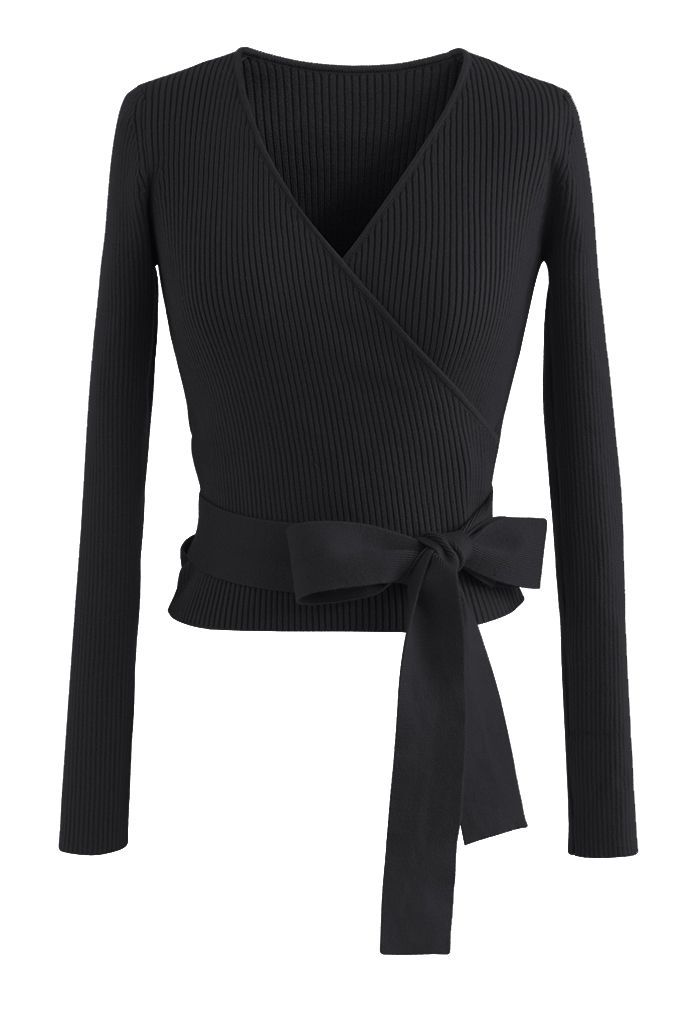 V-Neck Tie-Waist Wrap Knit Top in Black | Chicwish