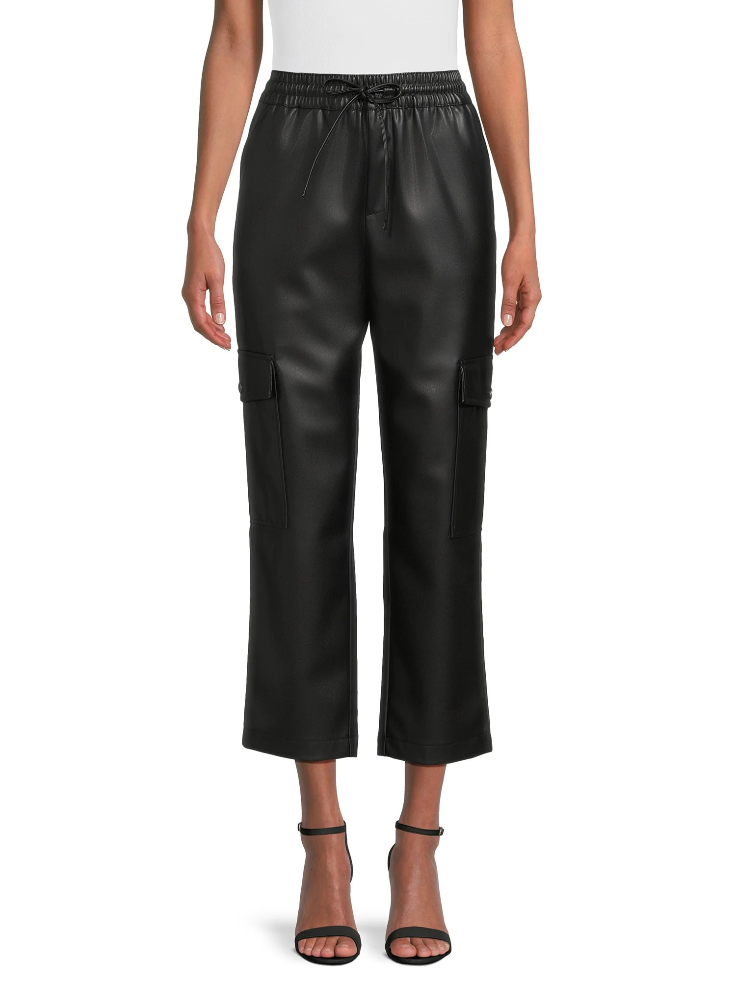 Time and Tru Women's Faux Leather Ankle Length Pull on Straight Leg Cargo Pants, 27" Inseam, Size... | Walmart (US)