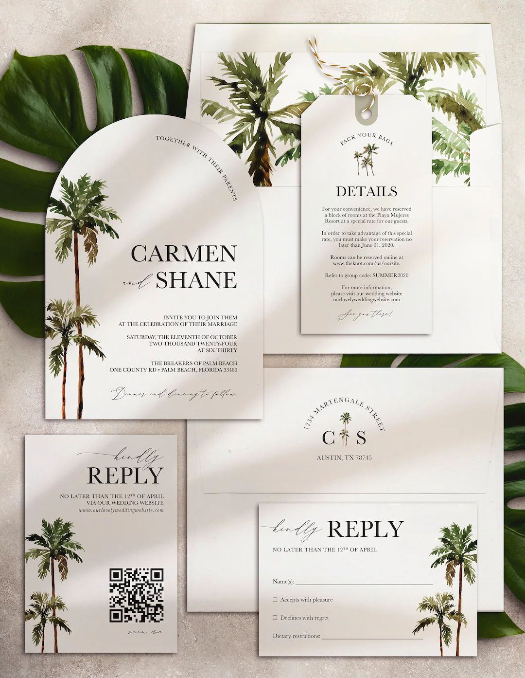 Arch Shape Wedding Invitation Palm Tree Design QR Code RSVP Card Luggage Tag Information Card by ... | Etsy (US)