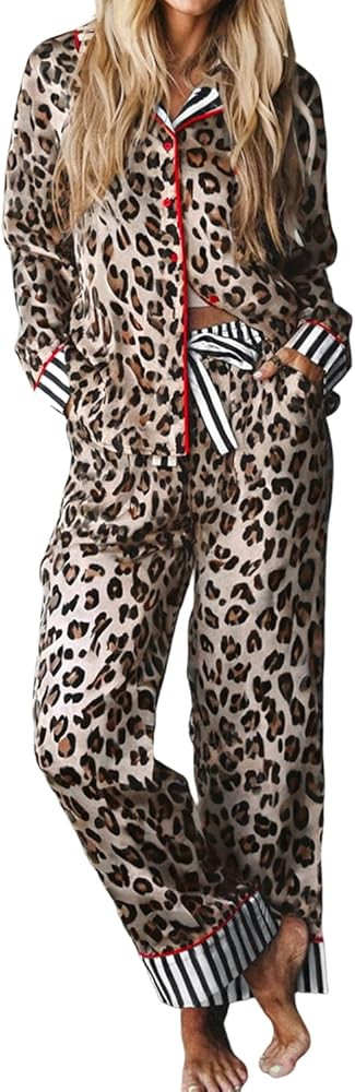 Women's 2 Piece Pajamas Set Long Sleeve Button Down Leopard Stripe V Neck Shirt And Bow Pants Lou... | Amazon (US)