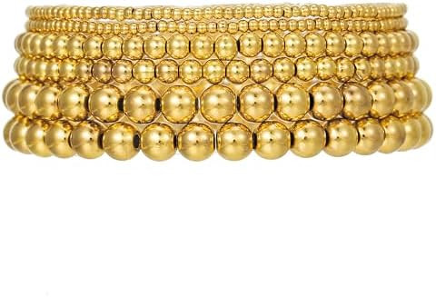Gold Bracelets for Women 14K Gold Plated Beaded Non Tarnish Bracelets Stretch Bead Ball Bracelet ... | Amazon (US)
