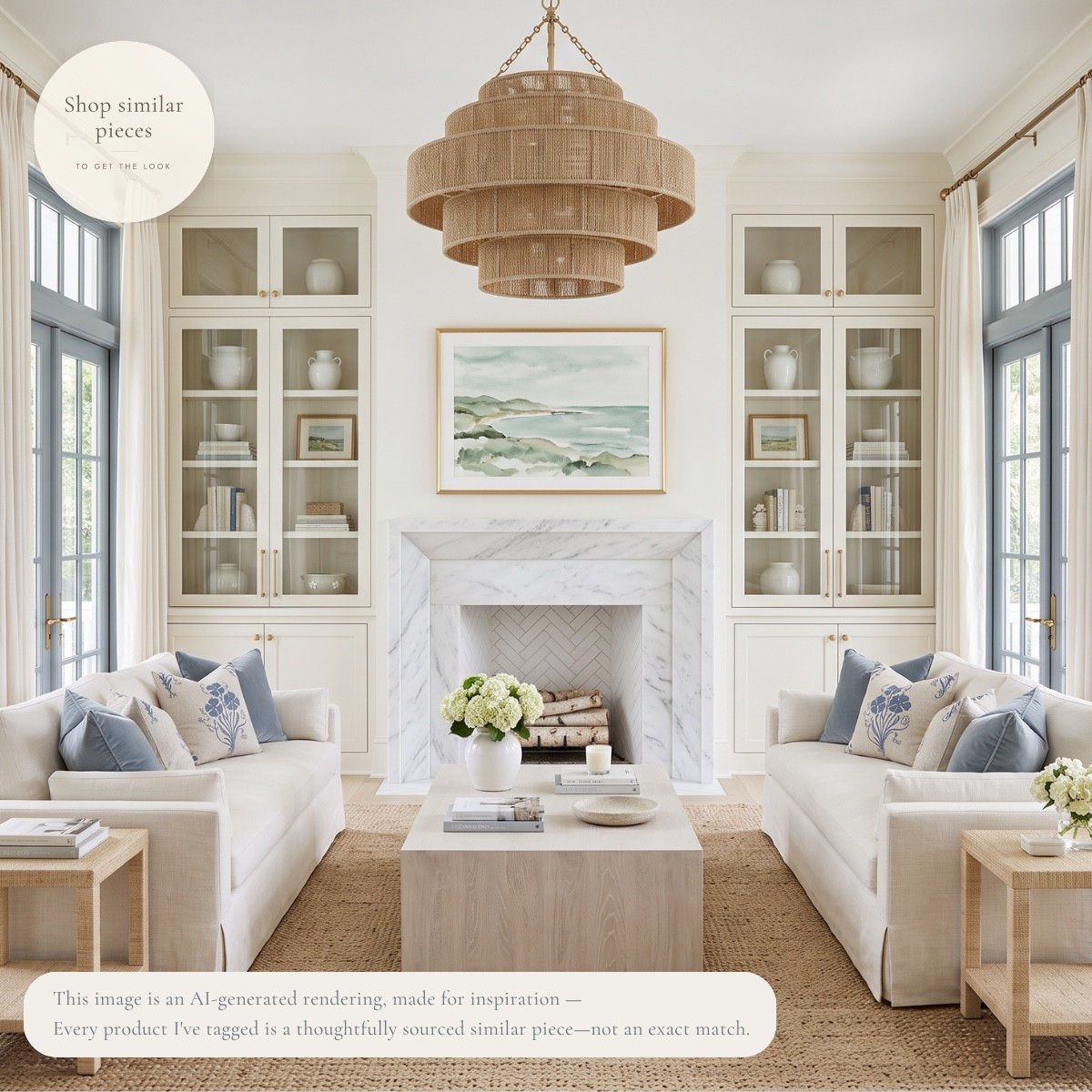 Classic & Coastal 🤍

This is the kind of living room that never goes out of style. Warm woven textures, crisp white built-ins, soft blue accents, and timeless furniture create a space that feels bright, relaxed, and collected without trying too hard.

I've linked thoughtfully sourced similar pieces inspired by this room to help you get the look.

AI-generated design concept for inspiration • Products are similar, not exact • Affiliate links may be used. As an Amazon Associate, I earn from qualifying purchases.

#LTKHome

#LTKHome