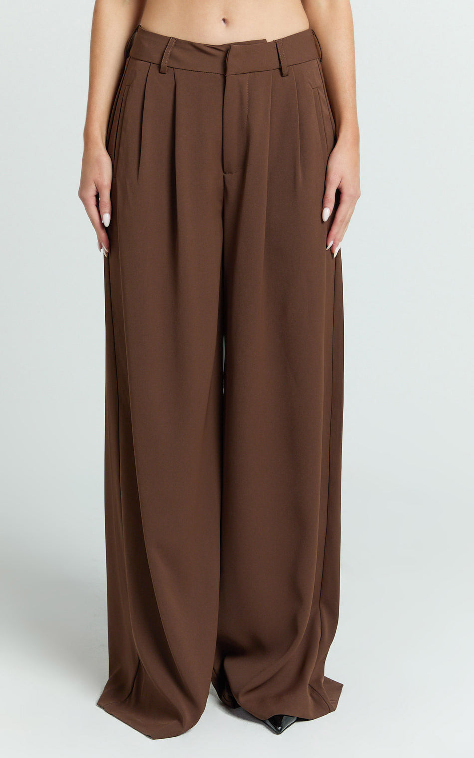 Xandria Pants - Low Rise Double Pleated Wide Leg Pants in Brown | Showpo (ANZ)