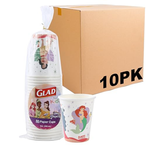 Glad for Kids Disney Princess Disposable Paper Cups for Bathroom Use and Parties, Heavy Duty Soak Proof Paper Cups for Kids, Colorful Princess Designs, 9 Ounce, 24 Count - 10 Pack | Amazon (US)