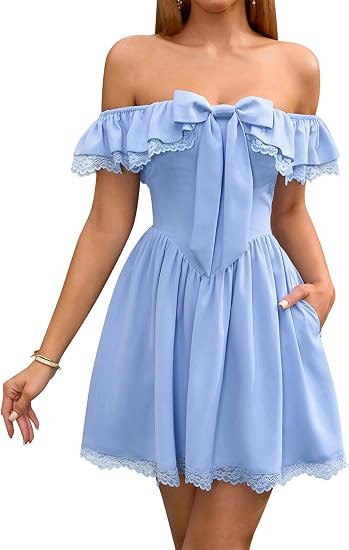 EYNMIN Women's Off The Shoulder Mini Graduation Dress Lace Bow Tie Flowy A Line Cute Casual Short... | Amazon (US)
