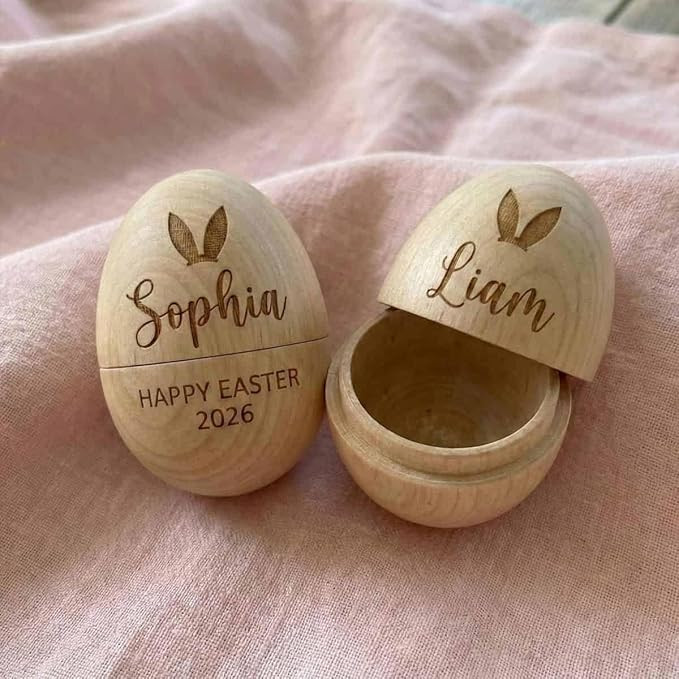 SHAANT Personalized Engraved Name & Initial Bunnies Wooden Easter Egg, Basket Stuffer, Farmhouse ... | Amazon (US)