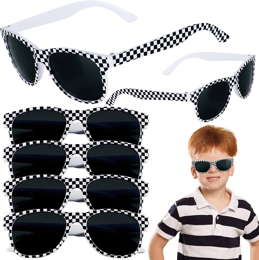 6 Pack Race Car Checkered Sunglasses White Black Frame Checker Sunglasses Bulk for Kids Race car ... | Amazon (US)