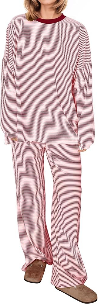 MISSACTIVER Women's 2 Piece Striped Lounge Set Long Sleeve Oversized T-Shirt Wide Leg Pants Match... | Amazon (US)