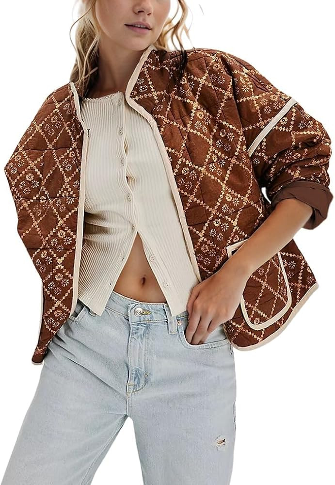 Omoone Women's Cropped Quilted Jacket Floral Printed LightWeight Padded Puffer Cardigan Coat Outw... | Amazon (US)