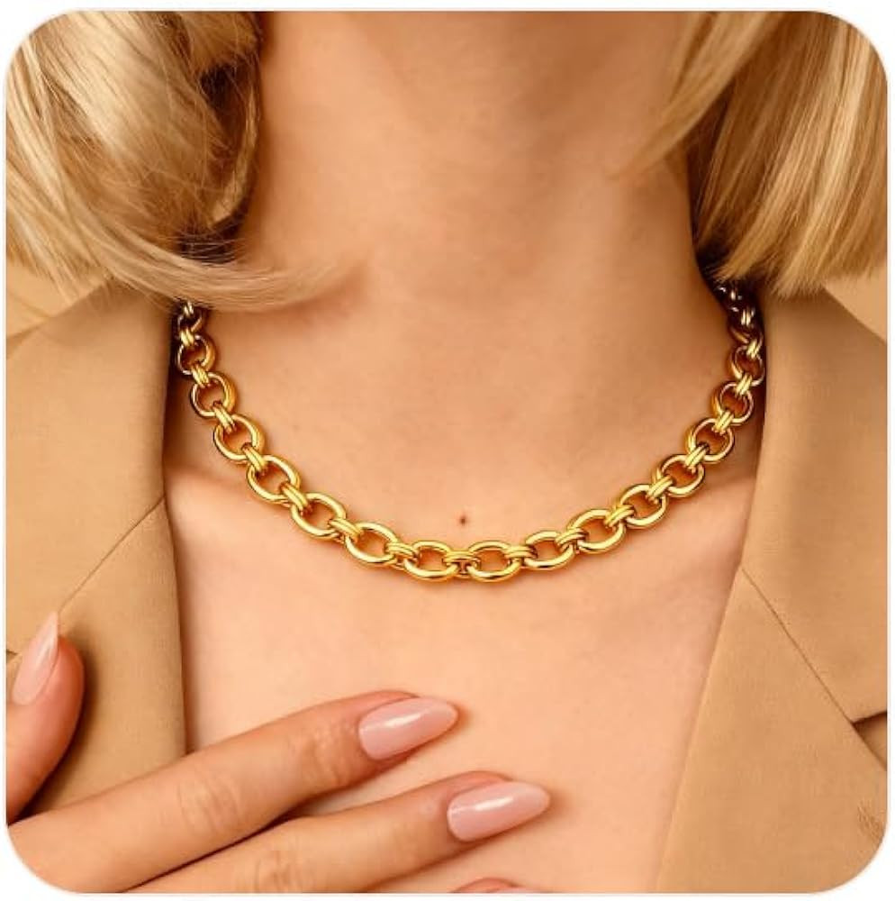 FEEL STYLE Chunky Gold Necklace for Women - 14K Gold Plated 10mm/14mm Cuban Link Chain & 8mm O-Li... | Amazon (US)
