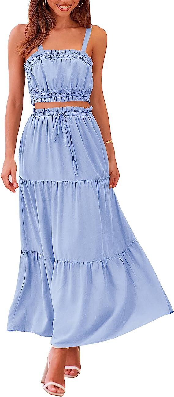 MEROKEETY Women 2 Piece Outfits Sleeveless Crop Top High Waist Long Skirt Set with Pockets | Amazon (US)