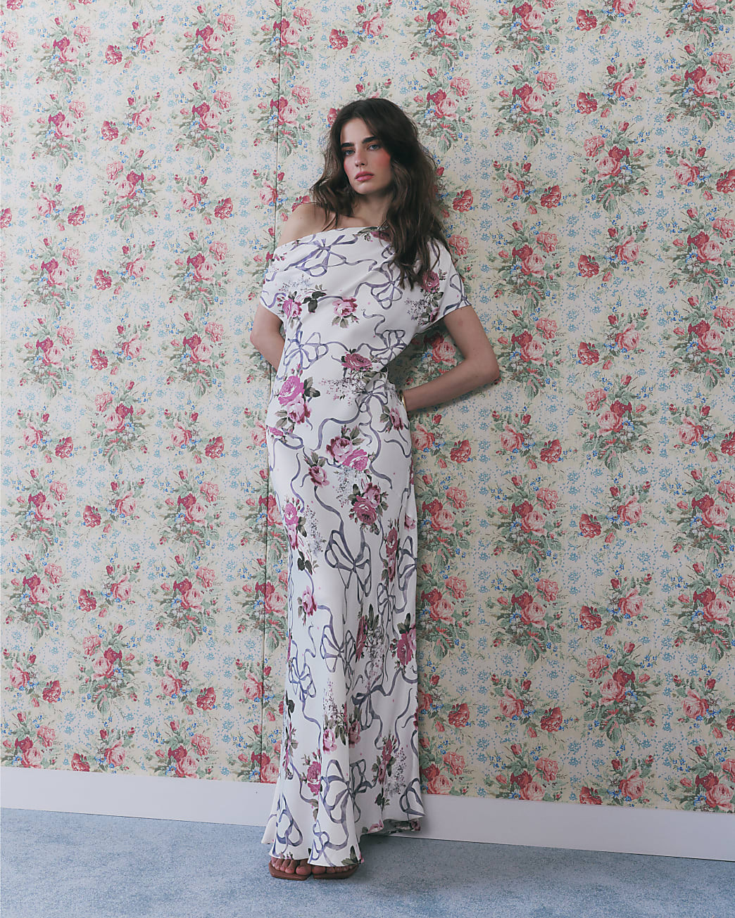 Cream Floral Asymmetric Neck Maxi Slip Dress | River Island UK & IE