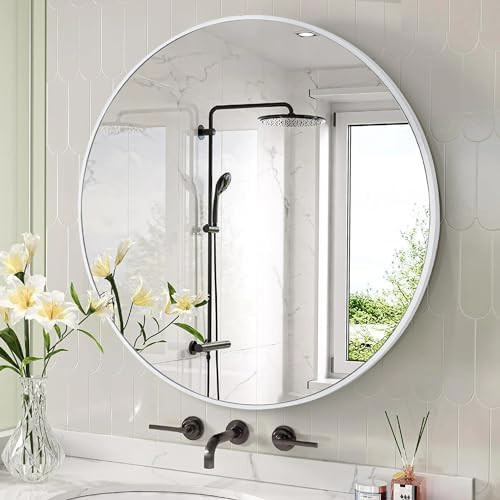 Round Wall Mirror 24 Inch, White Framed Circle Mirrors for Bathroom, Bedroom,Living Room or Entry... | Amazon (US)