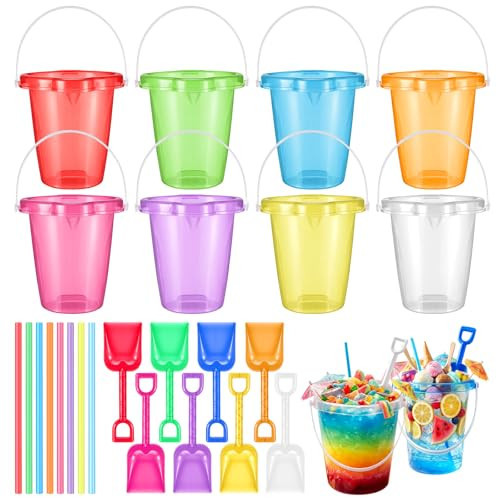 Hushee 24 Pcs 86oz Colorful Drink Bucket, Colorful Plastic Summer Beverage Buckets with Straw and Scoops Disposable Iced Juices Coffee DIY Drinks Cups for Summer Beach, Pool, Birthday Parties | Amazon (US)