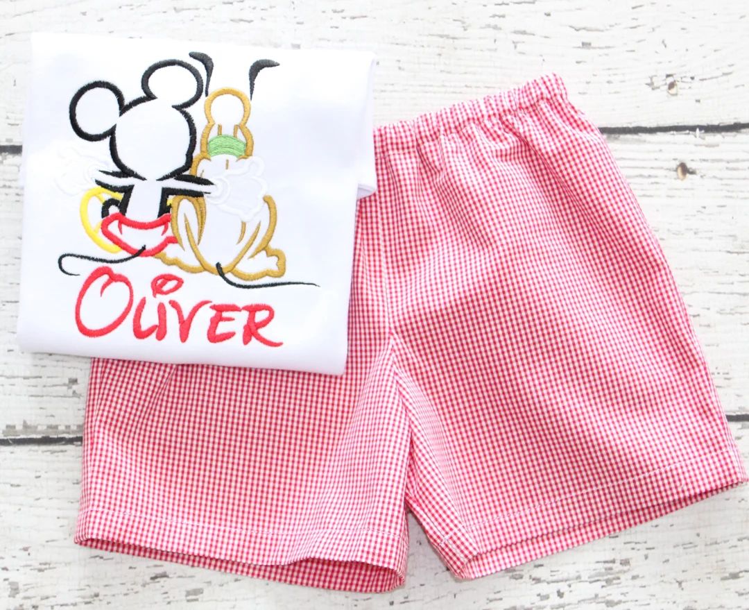Monogrammed Mickey and Pluto Shorts Set, Red Gingham Mickey Outfit, Disney Monogrammed Mickey Shi... | Etsy (US)