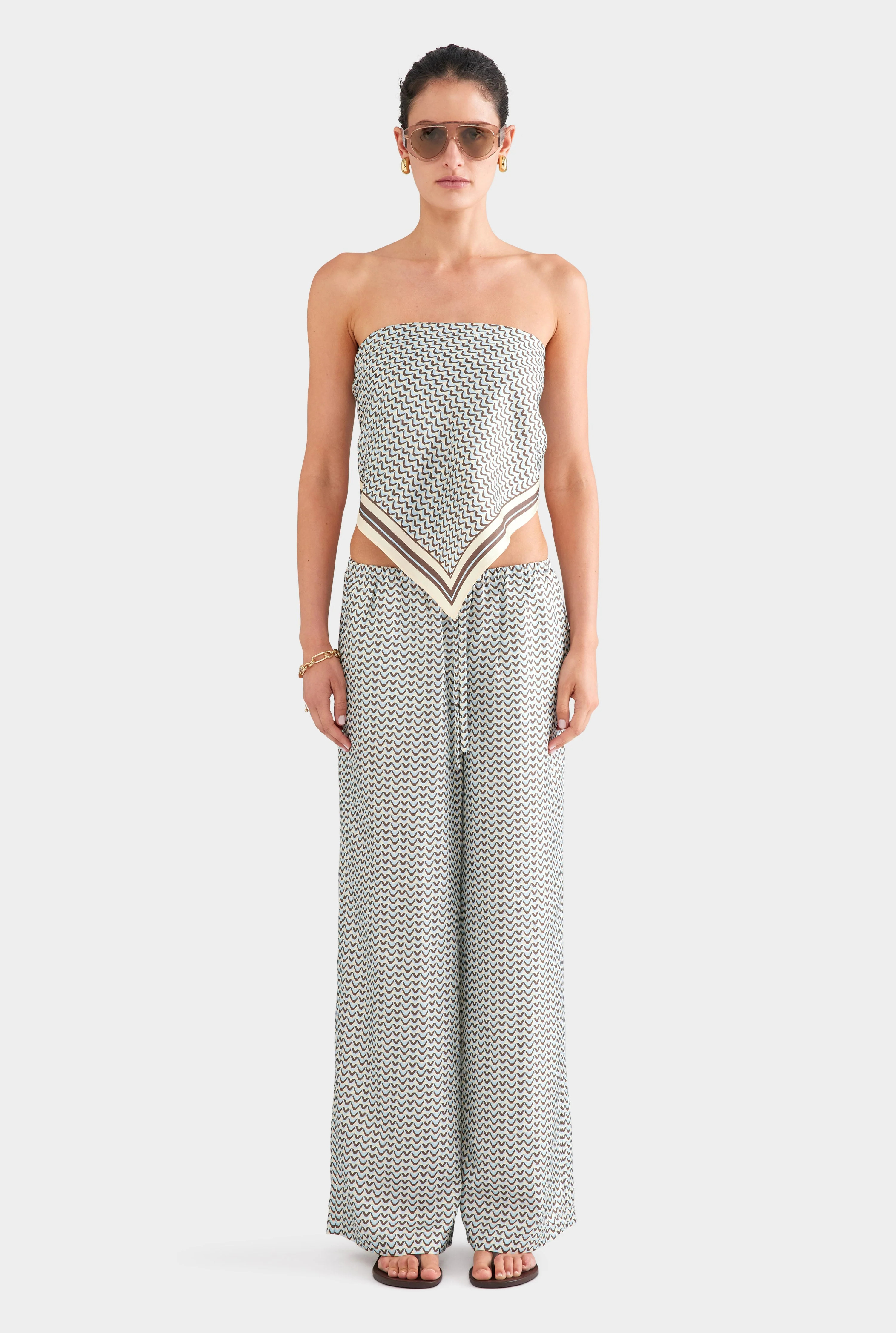 Relaxed Silk Drawstring Pant - Cream/Brown/Blue V Monogram | Venroy AU