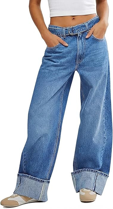 Tankaneo Womens Wide Leg Cuffed Jeans Trendy High Waisted Baggy Denim Pants | Amazon (US)