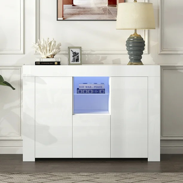 White Buffet Table, Modern Storage Cabinet, High Gloss Console Table with 16 Colors LED Lights/Dr... | Walmart (US)