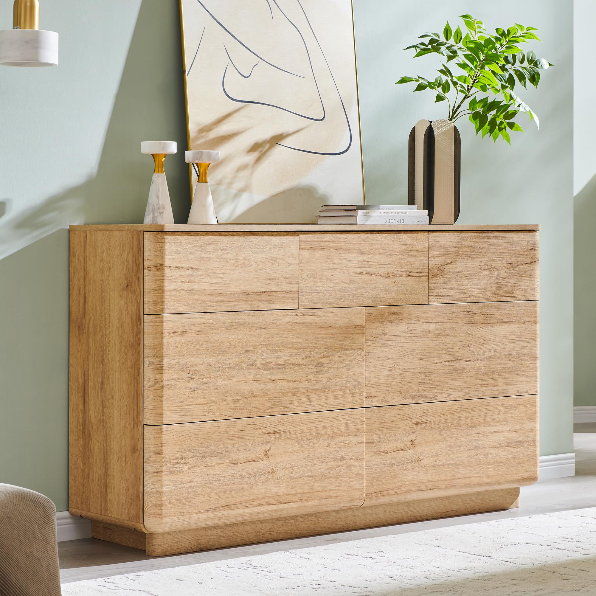 Modern 7 Drawer Dresser for Bedroom, 52" Wide Handleless Chest of Drawers, Push-to-Open Large Wood Storage, Dresser TV Stand for Bedroom, Living Room, Hallway, Curved Profile, Natural Oak | Amazon (US)