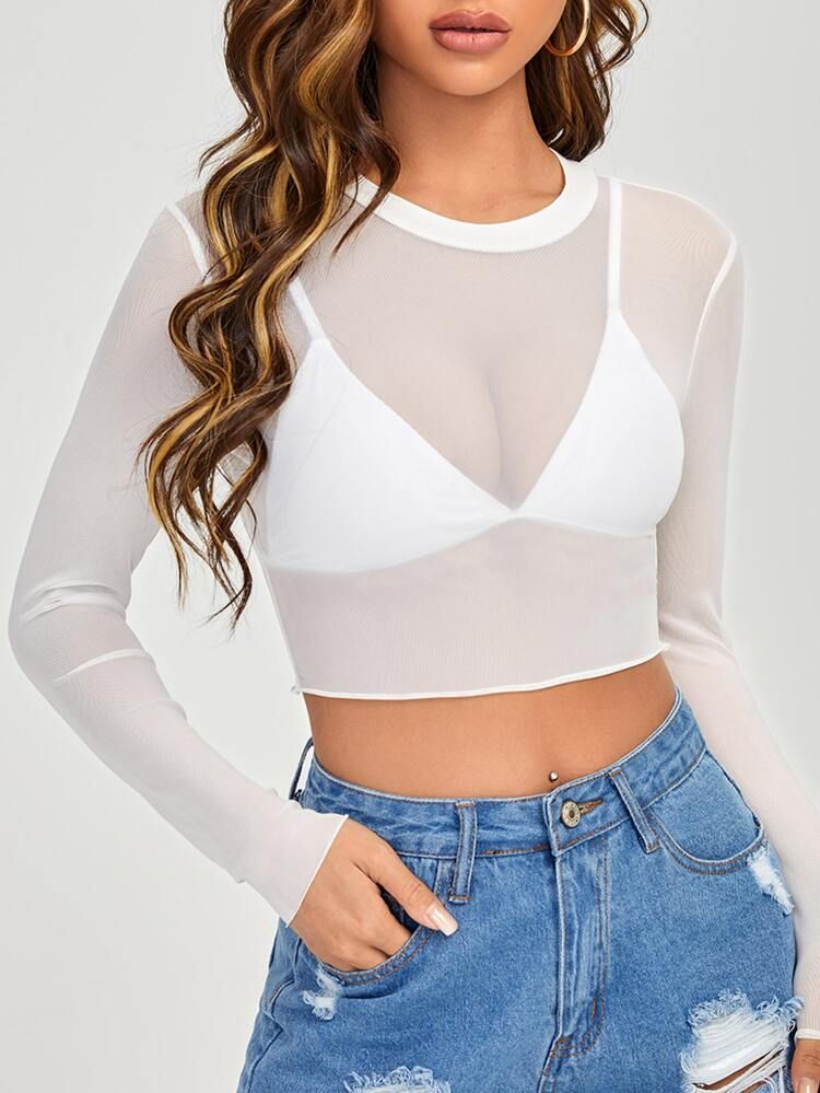 SHEIN PETITE Stand Neck Mesh Top Without Bra | SHEIN