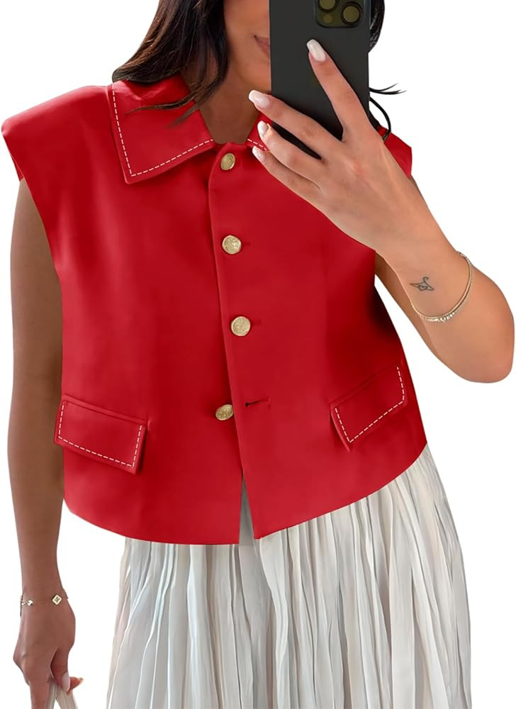 Tankaneo Womens Cropped Suit Vest Tops Cap Sleeve Lapel Collar Button Down Trendy Casual Blazer W... | Amazon (US)