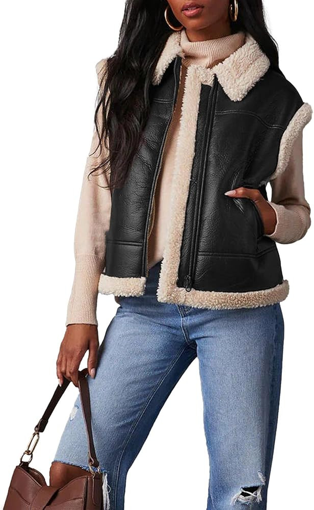 Sexyshine Women's Faux Leather Shearing Sherpa Vest Sleeveless Zip Up Fleece Lined Jacket Coat wi... | Amazon (US)