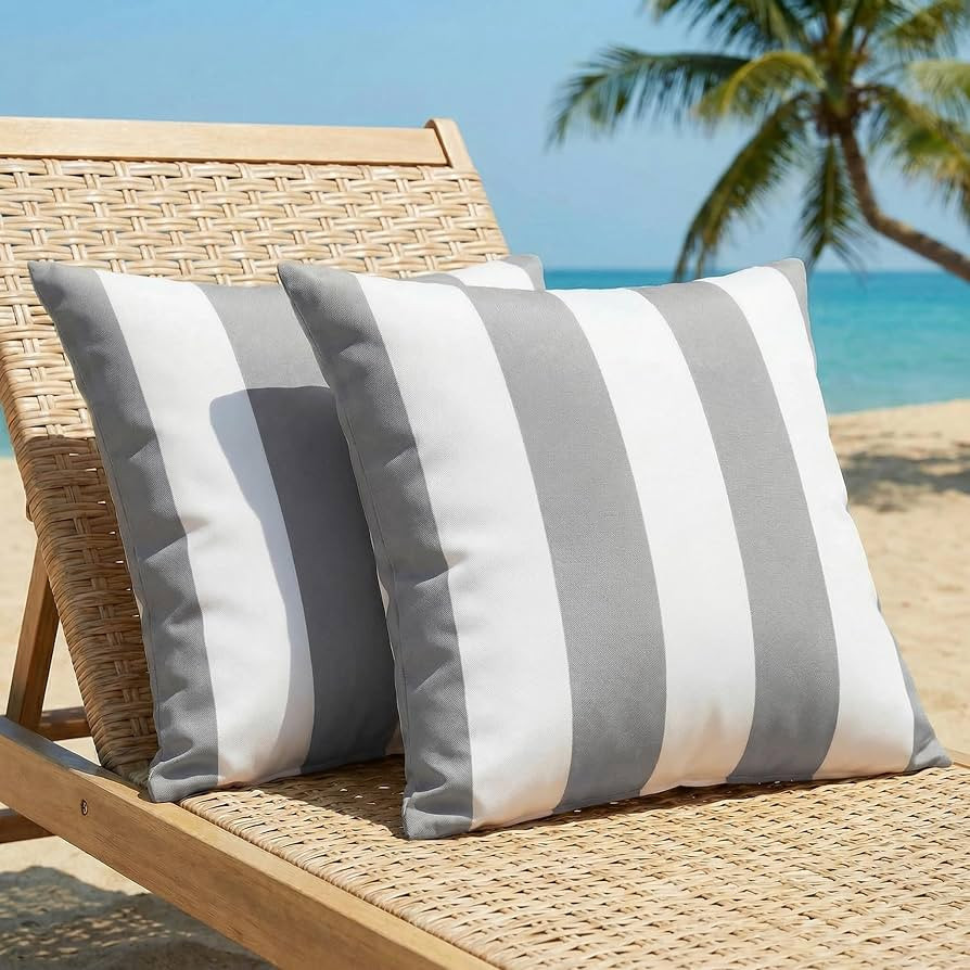 2er Set Outdoor Kissenbezug 45x45 cm Grau Gestreifte Wasserfest Dekokissen Modern Garten kissenbe... | Amazon (DE)