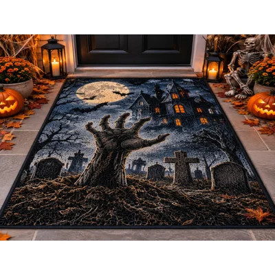 5' x 7' Outdoor Area Rug, Zombie Hand Graveyard Mansion Halloween Pattern, Waterproof PVC Coil Loop Carpet, Heavy Duty Quick Dry Mat for Porch Deck Ba | Wayfair North America