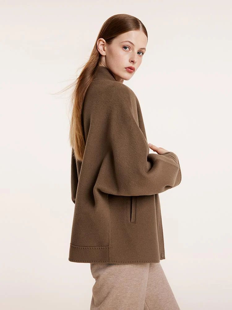 Brown Tencel Wool Mid-Length Jacket | GOELIA