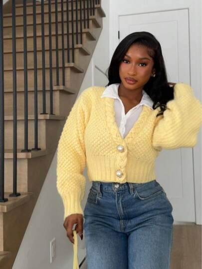 Women's CasualCute Elegant Frenchy Solid Butter Yellow Pear Bottons Texture Cable Knitted Sweater Top Cardigan Long Sleeve Cropped Fall Winter Going Out Outfits Clothes Back To School Homecoming | SHEIN