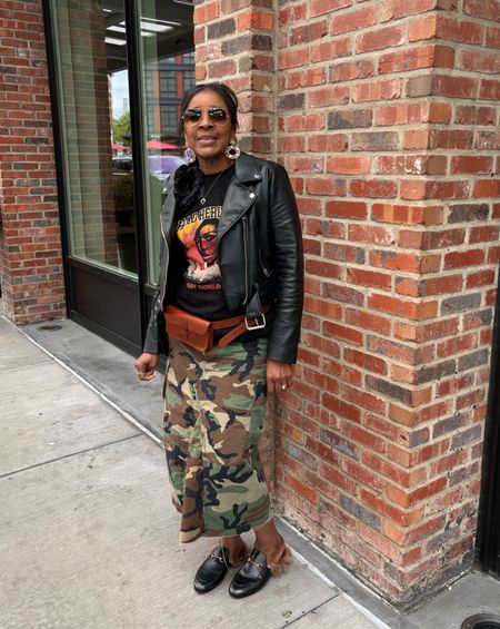 Weekend outfit brunch outfit army fatigue skirt gucci slides moto jacket belt bag rayban sunglasses statement earrings spring fall outfit #skirt #slides #mules #army #jacket 

#LTKstyletip #LTKSeasonal #LTKshoecrush
